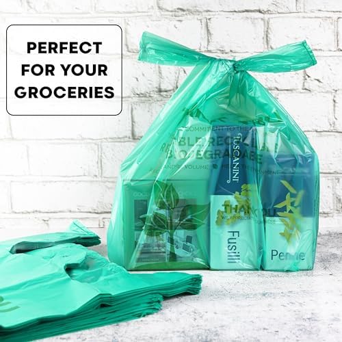 KitchenDine Eco Green Plastic Bags - 500 Count Biodegradable Shopping -Thank You - 22" x 12" Carry Out Bags. (500)