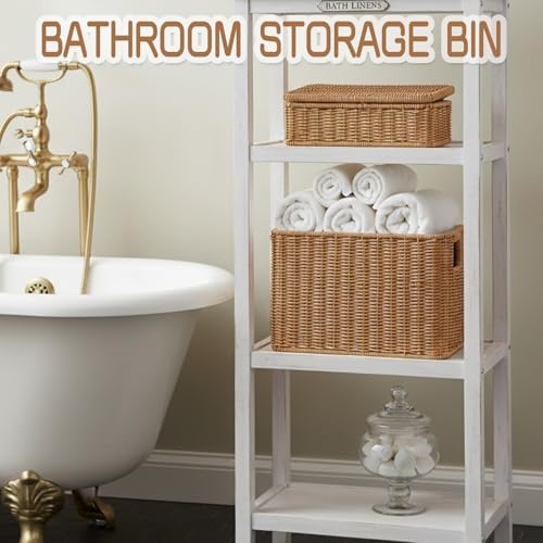 Toilet Paper Storage Basket with Lid, Slim Bathroom Poly Rattan Organizer