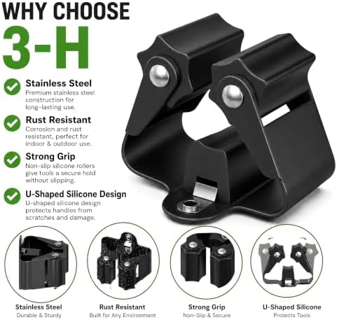 3-H Broom Holder Wall Mount 4 Pack, Stainless Steel Mop Hanger with Screws