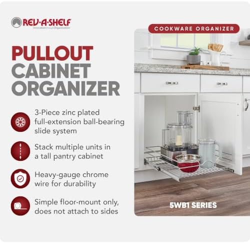 Rev-A-Shelf Steel Wire Pullout Drawer Organizer Shelf for Kitchen Cabinets, Slide Out Storage Basket, Min Opening Width of 17.5", 18" x 20", 5WB1-1820CR-1