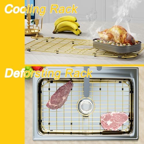 Sink Protector Sink Rack,Large Gold Kitchen Sink Grate,26" X 14" Centered Drain with Corner Radius,Sink Bottom Grid for Kitchen, 304 Stainless Steel Rust Resistant