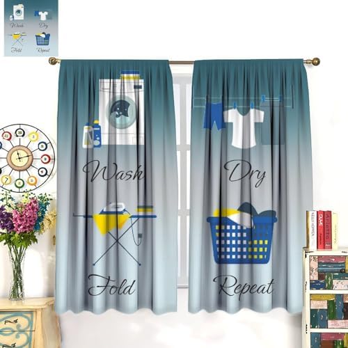 JESTRONRY Laundry Room Blue Theme Curtains,Simple Drawn Wash Dry Fold Repeat Decor Print Fabric Window Treatments Kitchen Bathroom Curtain, Home Decor Rod Pocket Window Drapes 72x63 Inch Blackout