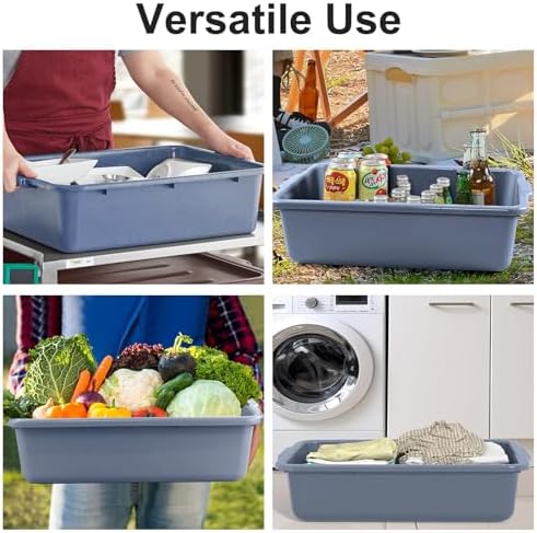 4 Pack Commercial Plastic Bus Tubs 8.6 Gallon (33L) - Heavy Duty Wash Basin & Dish Box Tote for Restaurant Kitchen Organization - 24.5" L x 16.5" W x 7" H Gray Utility Box