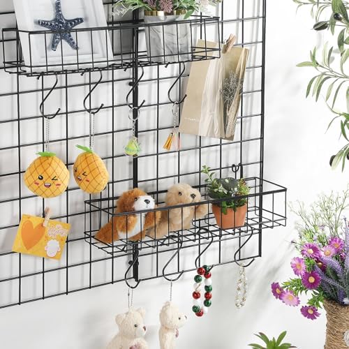 Black 4 Pack Grid Wall Hanging Baskets with 16 S Hooks, 15.8 x 3.9 x 3.2 Inch Metal Wire Wall Mount Storage Baskets for Grid Panels, Retail Display, Kitchen, Bathroom