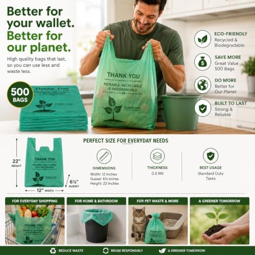 KitchenDine Eco Green Plastic Bags - 500 Count Biodegradable Shopping -Thank You - 22" x 12" Carry Out Bags. (500)