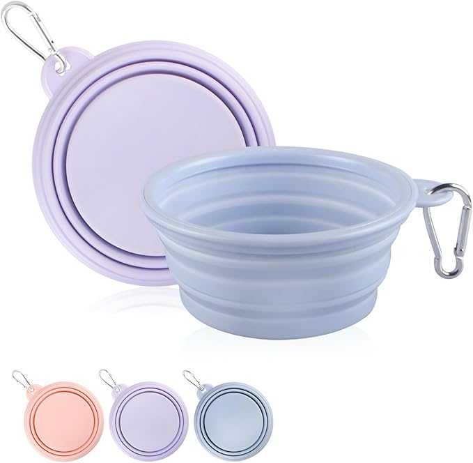 Collapsible Dog Bowls 2-Pack, Portable Travel Dog Bowl with Carabiner, Food-Grade Silicone Pet Bowl for Hiking, Walking (22 OZ Macaron Blue and Violet)