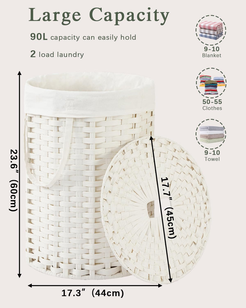 Laundry Hamper with Lid Round Laundry Basket 23.8 Gal White