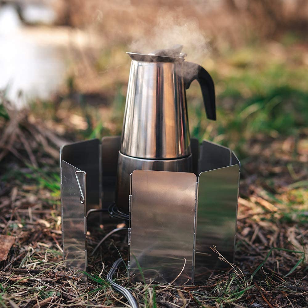 Camp Stove Windscreen, Ohuhu Camping Stove Windscreen 10 Plates Aluminum Folding Portable Camping Stove Windshield Grill Wind Screen for Camp with Carry Bag for Camping Hiking Picnic Backpacking