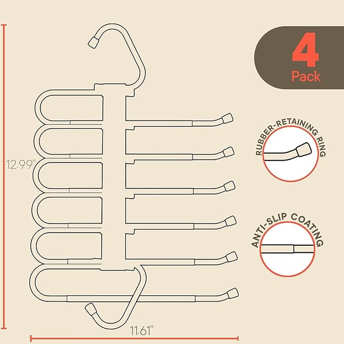 Black Space Saving Pants Hangers 4 Pack, 6 Layer Jeans Hangers and Closet Organizer for Jeans, Scarves, Skirts, Multi-Layer Hanger with Anti-Slip Coating & Stopper, Heavy-Duty S-Type Stainless Steel