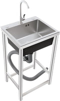 Free Standing Single Bowl Kitchen Sink Commercial, Outdoor Utility Sink Stainless Steel with Water Pipe Faucet Small Portable Sink Hand Wash Station for Garage Garden Backyard (18X16X30in)