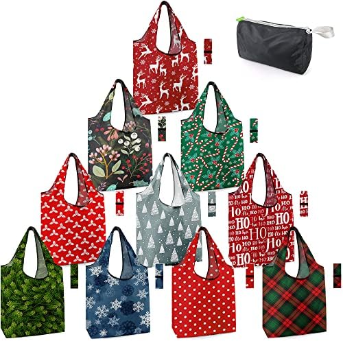BeeGreen Christmas Reusable Grocery Bags 10 Pack Reusable Shopping Bags Bulk Christmas Gifts Tote Bags with Zipper Storage Pouch Elastic Band Foldable-Machine Washable