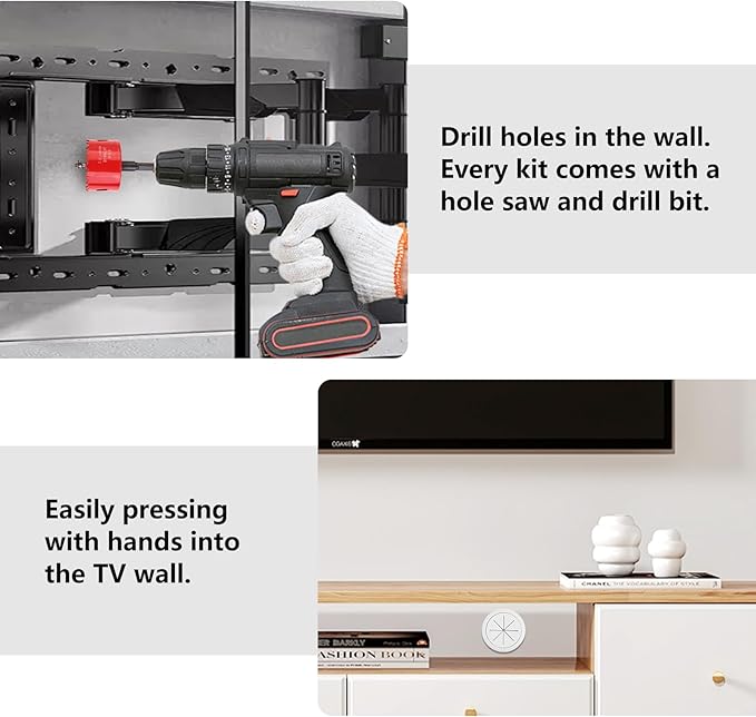 4 Pack TV Cord Hider for Wall Mounted TV, 2-3/8"(60mm Hole) Cord Hider for TV Wall, in Wall Cable Management Kit, Includes 4 Pass Throughs, 1 Hole Saw Drill Attachment & 10 Cable Ties for Easy Install