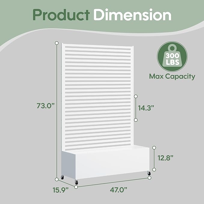 Metal Planter Box with Trellis Privacy Screen, Raised Garden Bed with Trellis & Wheels, Privacy Planters for Patio, Planter Box with Drainage Holes for Climbing Plants, Flower, 73"x 47"x 16", White