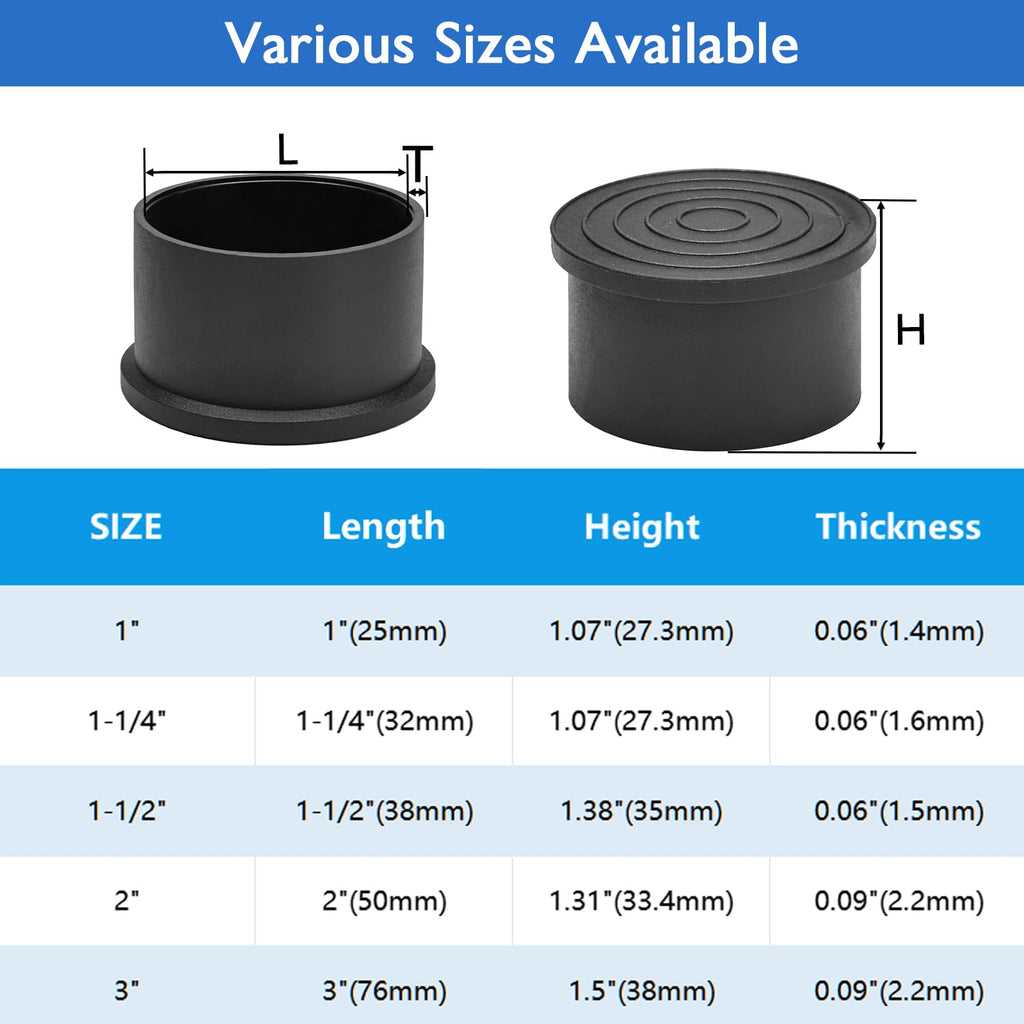 4 Pcs 2" Black Round Rubber Chair Leg Caps (4 Count)
