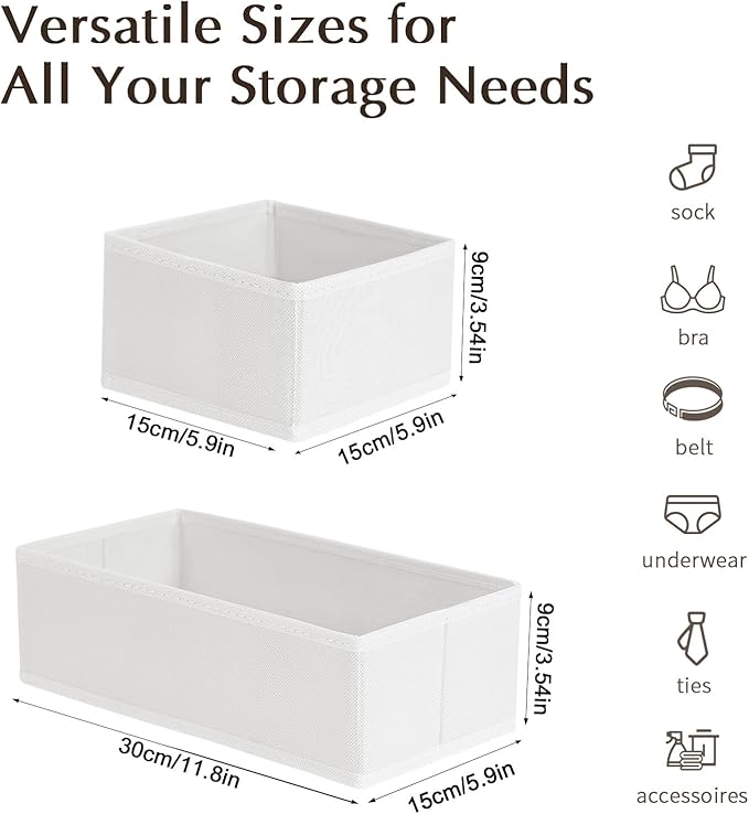 DIMJ Drawer Organizers - Set of 4 Fabric Closet Organizers and Storage, Drawer Dividers for Baby Clothes, Socks, Belt, Tie (White)