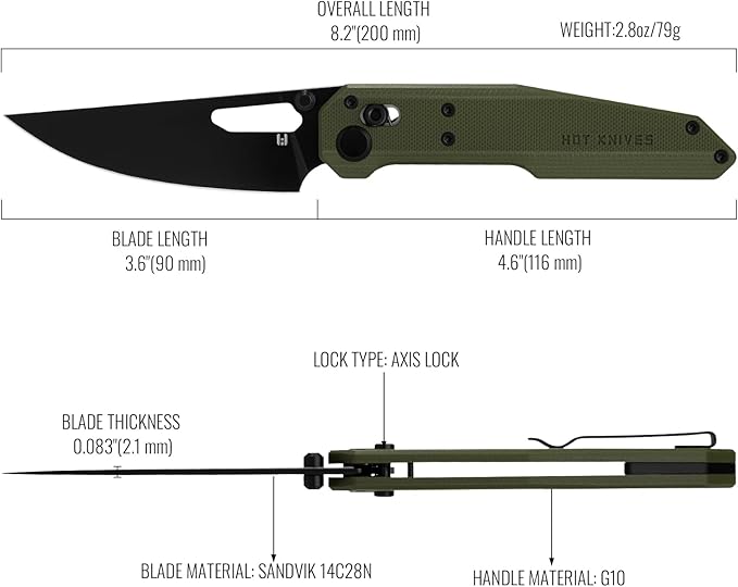 Sharplyn Folding Pocket Knife, 3.6" 14C28N Steel Blade with Black PVD Non-Slip OD Green G10 Handle Lightweight EDC Knife for Men Women Sharp Clip-On Knives for Camping Survival Hiking