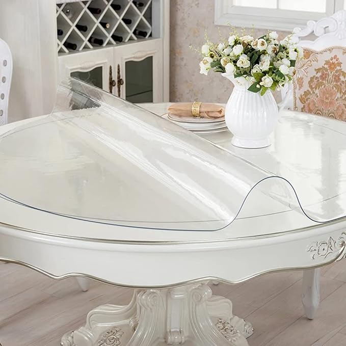 RostiKong Round Clear PVC Table Cloth Protector Waterproof Transparent Tablecloth Vinyl Circle Table Cover for Dining Living Room Bistro Bar Glass Coffee Beside Dressing Table Mat Pad Non-Slip 58 Inch