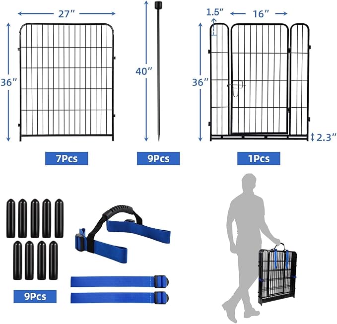 ADAVIN Metal Garden Fence with Gate, 36 in(H) 8 Panels Heavy Duty Iron Animal Barrier Fence, Indoor or Outdoor Dog Playpen, Camping Fence, No Dig Garden Border Fencing for Yard. Total 17.7 FT(L)