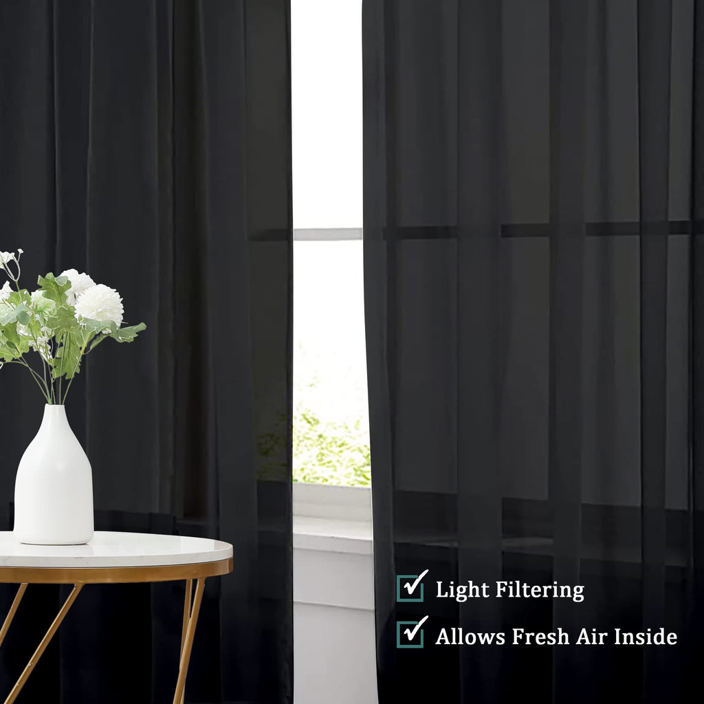 Black Sheer Curtains 96 inches Long Window Draperies 2 Panels
