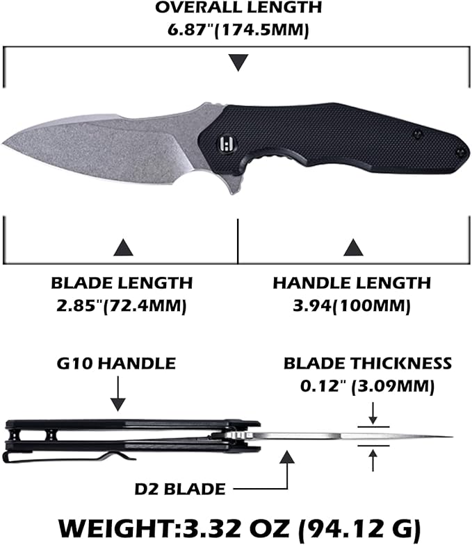 Hightron Mini Ventura Pocket Knife, Flipper Folding Knife with 2.85" Stonewashed Sharp D2 Blade and G10 Handle, EDC Pocket Knives with Pocket Clip for Camping Hiking Black-W