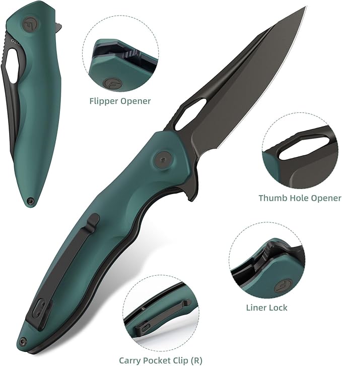 FINTISO Apollo Pocket Knife, 3.3" 14C28N Blade Aluminum Alloy Handle Folding Knife with Liner Lock, EDC Knife with Pocket Clip for Camping, Survival, Hunting, Unique Gift for Men Women