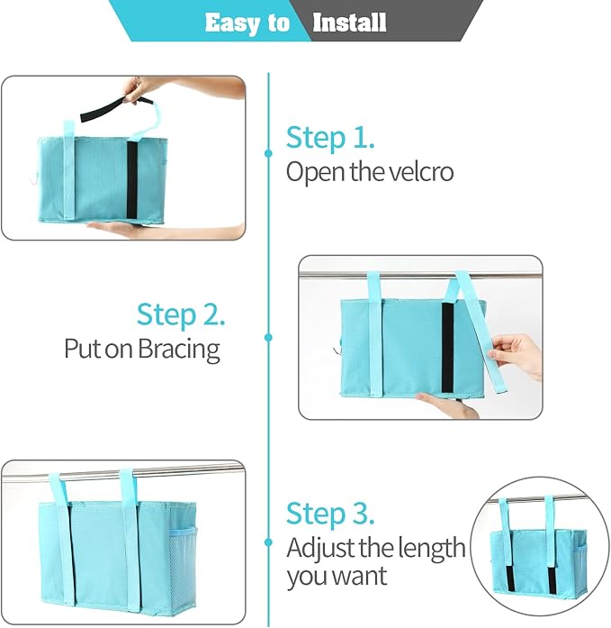 Bseash Bunk Bed Organizer, Bedside Caddy Hanging Bed Organizer Storage Bag with 4 Pockets and 2 Hooks, for College Dorm Rooms Bed, Hospital Bed, Baby Bed Rails, 600D Oxford Cloth (Light Blue)