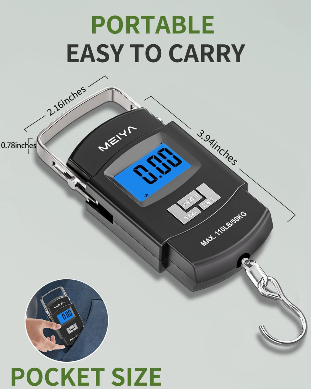 MEIYA Fish Scale 110lb/50kg Digital Fishing Scale with Backlit LCD, Portable Handle, Stainless Steel Hook & 2 AAA Batteries – Reliable Fishing Gear & Great Fishing Gifts for Men