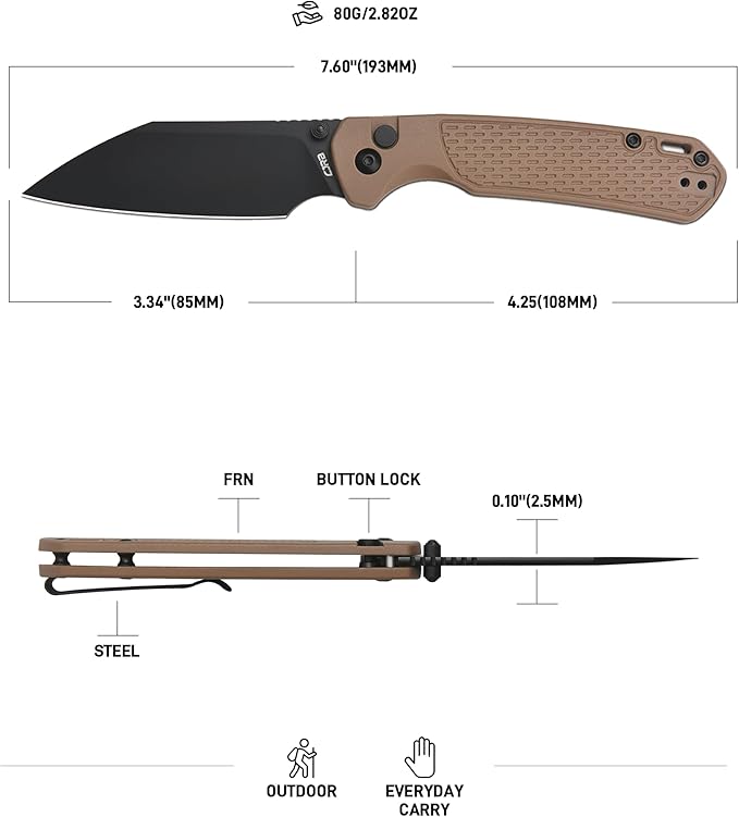 CJRB Pyrite-Light Pocket Knife, 3.34'' Upgraded AR-SFII Steel Blade FRN Handle, Sharp EDC Knives for Camping Survival Hiking(J1945 Brown)