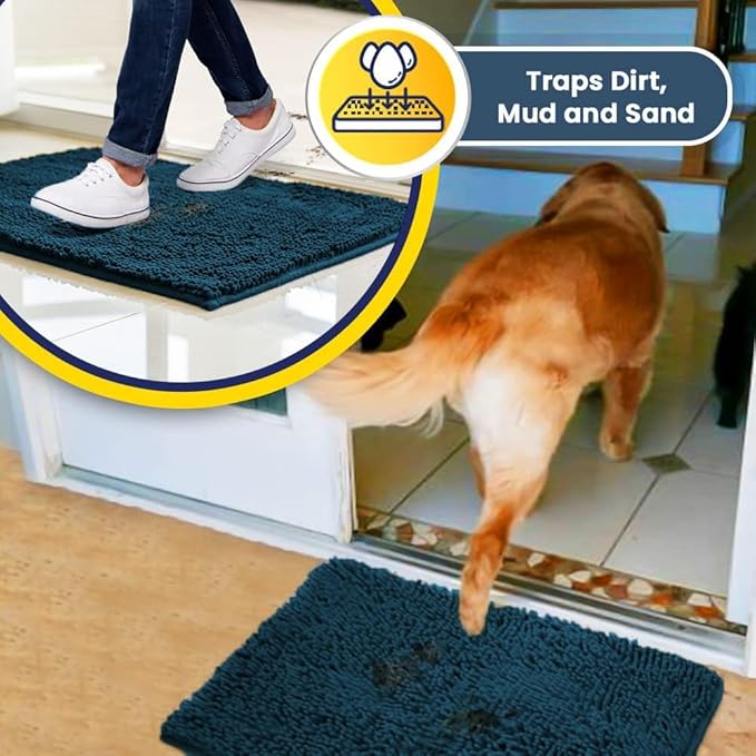Muddy Mat® AS-SEEN-ON-TV Highly Absorbent Microfiber Door Mat and Pet Rug, Non Slip Thick Washable Area and Bath Mat Soft Chenille for Kitchen Bedroom Indoor and Outdoor - Atlantic Blue 3ft x 8ft