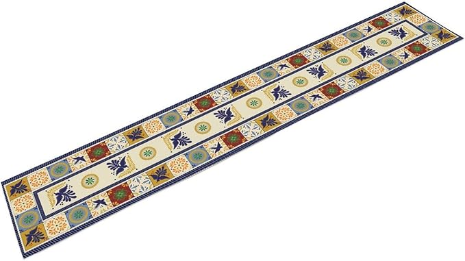 Mexican Table Runner, Blue Floral Birds Mexico Talavera Ceramic Dia De Los Muertos Coffee Table Center Decor for Family Home Kitchen and Dining Farmhouse Indoor Outdoor Table Decorations, 13" X 90"