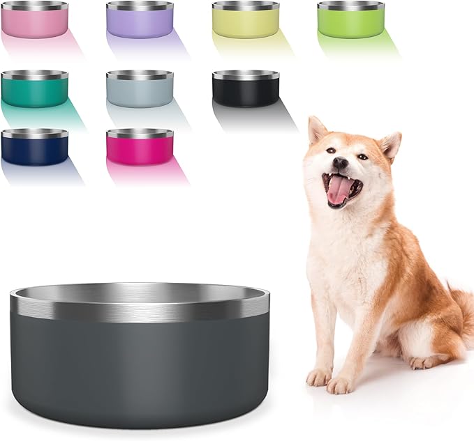 Dog Bowl, Stainless Steel Dog Food and Water Bowl with Non Slip Quiet Bottom, Easy to Clean, Dishwasher Safe, 64oz, Deep Grey