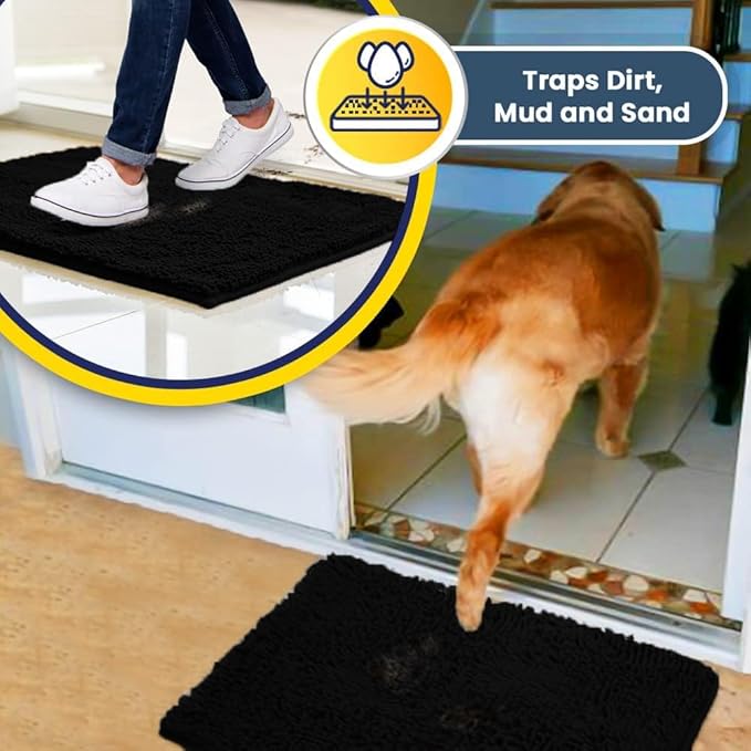 Muddy Mat® Shown on TV – Super Absorbent Microfiber Dog Door Mat for Muddy Paws, Non-Slip Washable Pet Rug, Quick Dry Chenille Entryway Carpet, Machine Washable Indoor Outdoor mat, Black 28"x18"