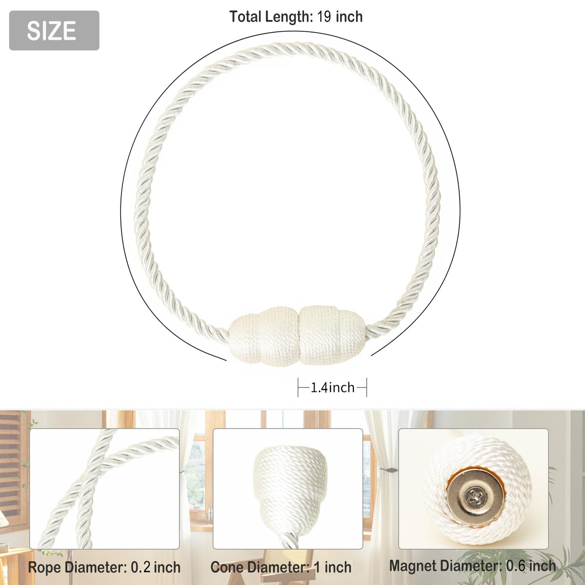 Magnetic Curtain Tiebacks Rope Curtain Tie Backs for Curtains 8 Pack Curtain Holders for Drapes Decorative Window Curtain Holdbacks (8 Count)