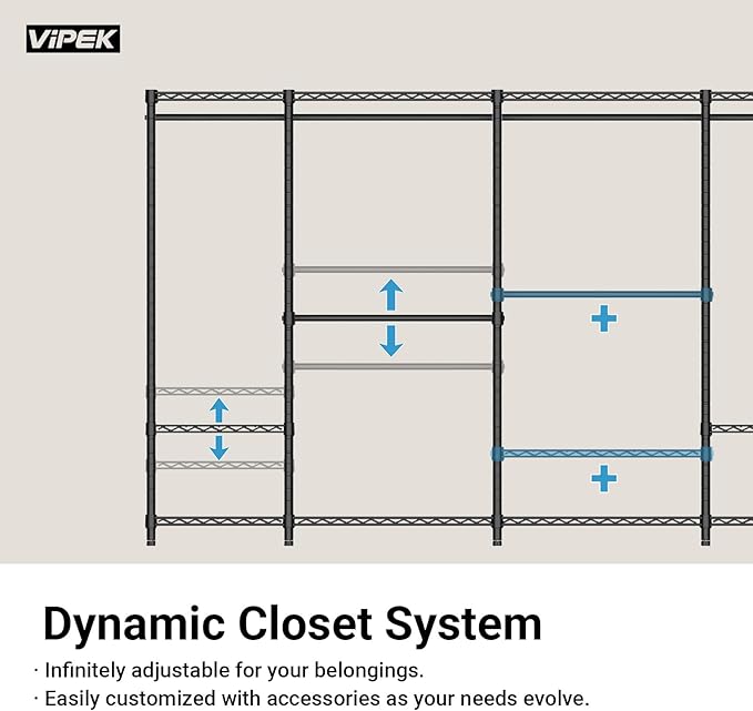 VIPEK V20 Plus Clothes Rack, Metal Clothing Rack with 6 Shelves, 5 Hanging Rods & 2 Fabric Drawers, Freestanding Garment Rack for Bedroom & Walk-in Closet, Large Wardrobe Closet Max Load 850LBS, Black