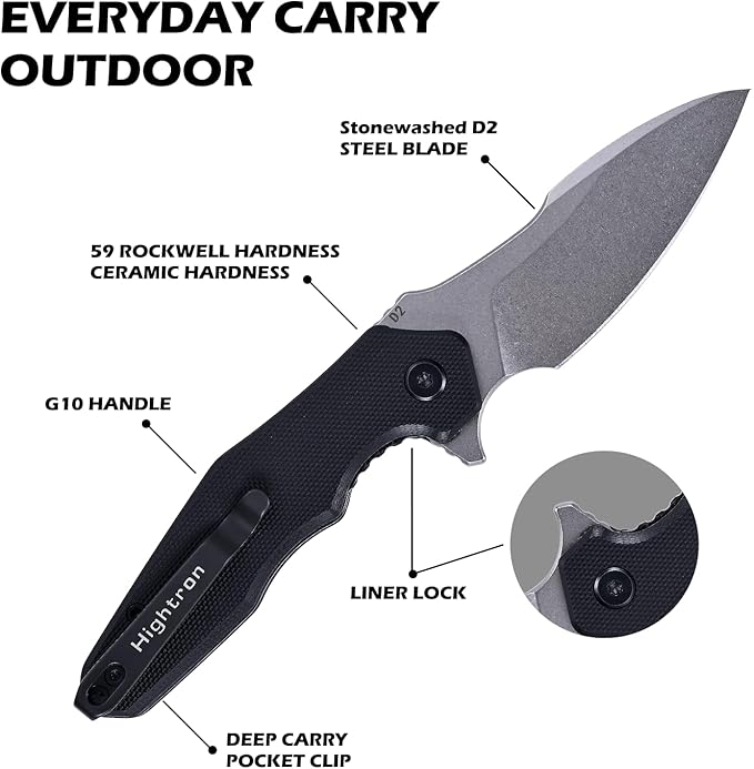 Hightron Mini Ventura Pocket Knife, Flipper Folding Knife with 2.85" Stonewashed Sharp D2 Blade and G10 Handle, EDC Pocket Knives with Pocket Clip for Camping Hiking Black-W