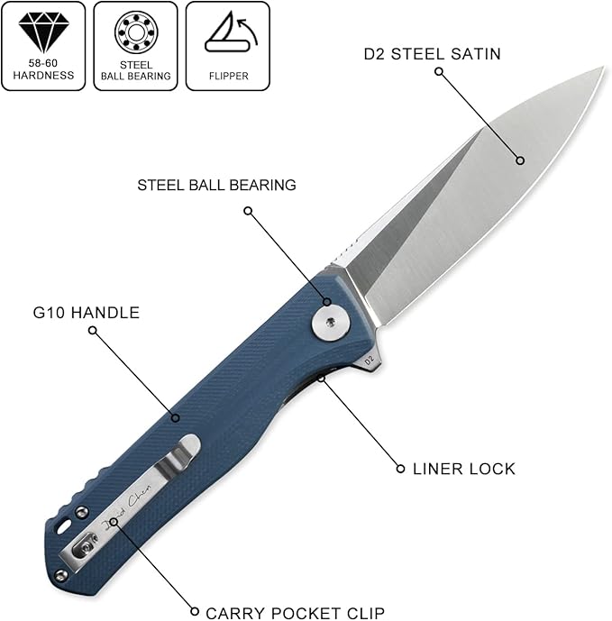 Petrified fish G10 handle D2 steel blade 2CR13 liner ball bearing flipper folding knife camping hunting EDC pocket tool PF818 (Gray, Satin)