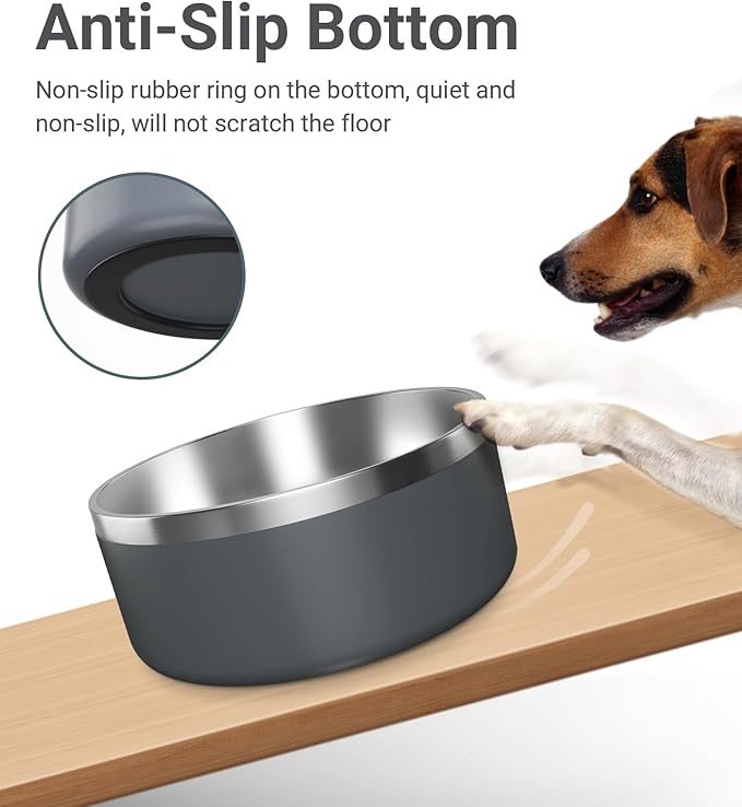 Dog Bowl, Stainless Steel Dog Food and Water Bowl with Non Slip Quiet Bottom, Easy to Clean, Dishwasher Safe, 64oz, Deep Grey