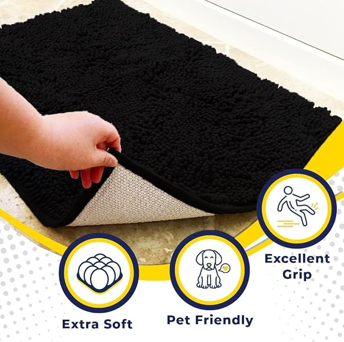 Muddy Mat® Shown on TV – Super Absorbent Microfiber Dog Door Mat for Muddy Paws, Non-Slip Washable Pet Rug, Quick Dry Chenille Entryway Carpet, Machine Washable Indoor Outdoor mat, Black 28"x18"