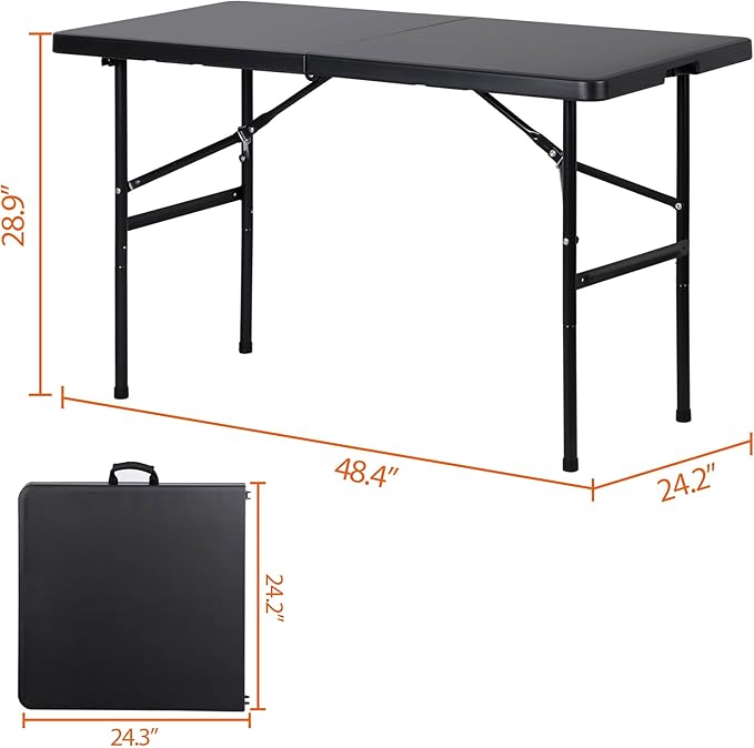 ZENY 4ft Portable Folding Table Plastic Indoor Outdoor Picnic Party Camp Dining Table with Handle, Black