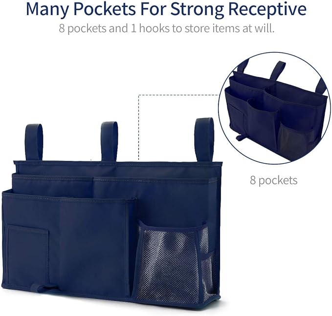Bseash Bunk Bed Organizer, Bedside Caddy Hanging Bed Organizer Storage Bag 8 Pockets, for College Dorm Rooms Bed, Hospital Bed, Baby Bed Rails, 600D Oxford Cloth (Navy Blue)