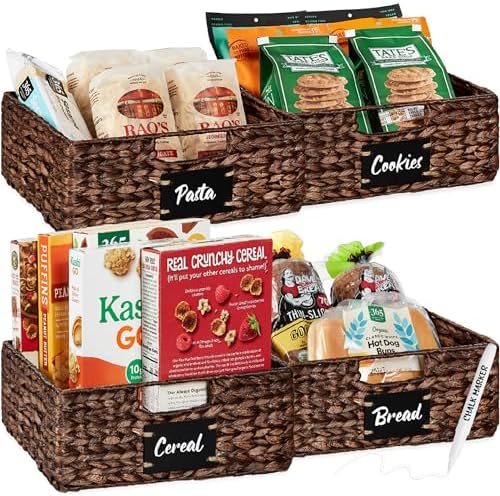 Best Choice Products Set of 4 13x12in Water Hyacinth Pantry Baskets, Woven Organizers w/Chalkboard Label, Chalk Marker - Brown