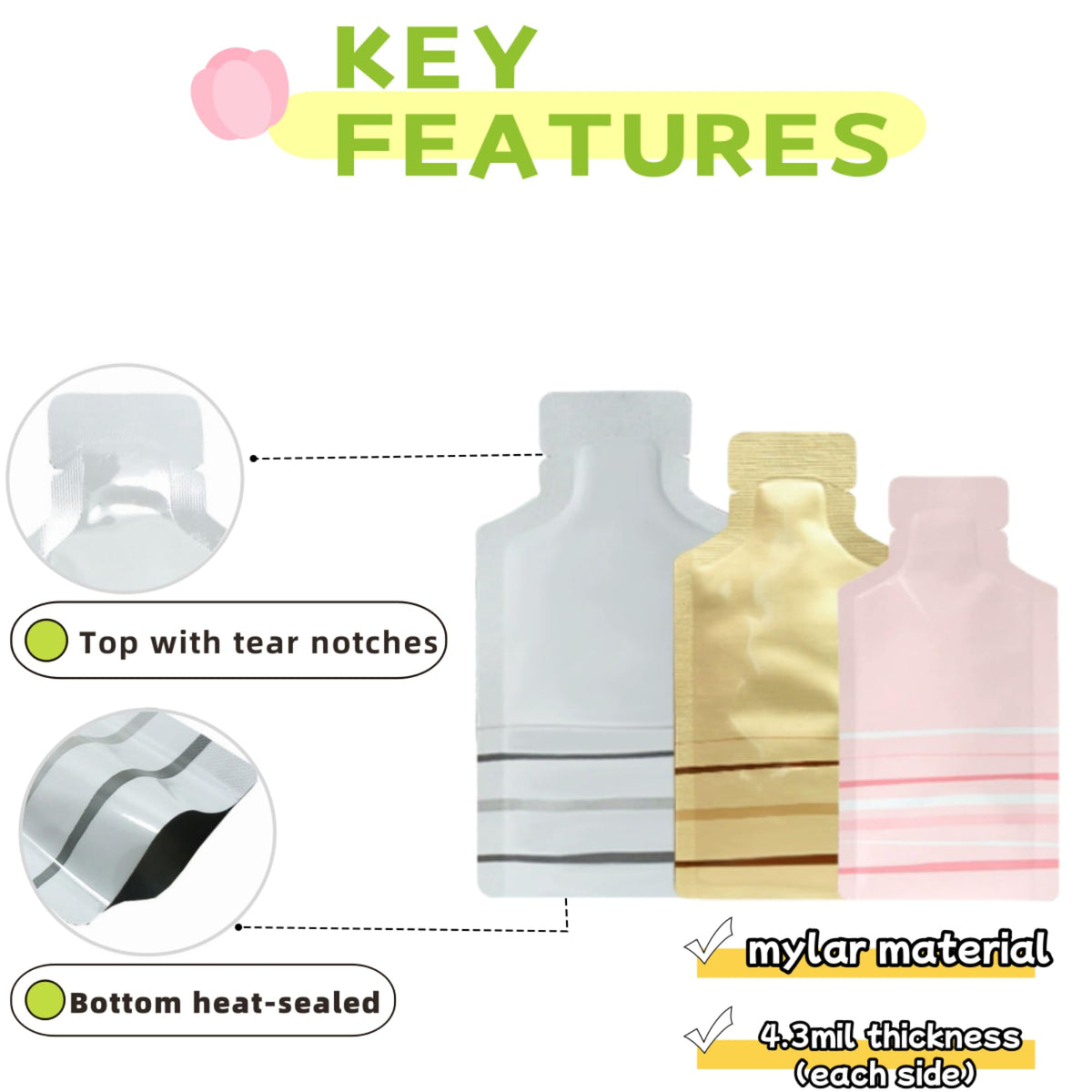 100 Pack 2.36x4.7inch White Heat Seal Sample Mylar Packets for Travel