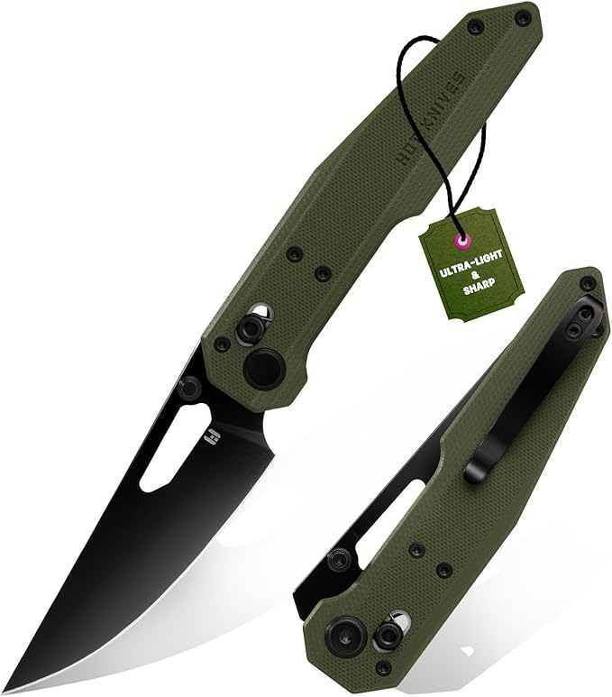 Sharplyn Folding Pocket Knife, 3.6" 14C28N Steel Blade with Black PVD Non-Slip OD Green G10 Handle Lightweight EDC Knife for Men Women Sharp Clip-On Knives for Camping Survival Hiking
