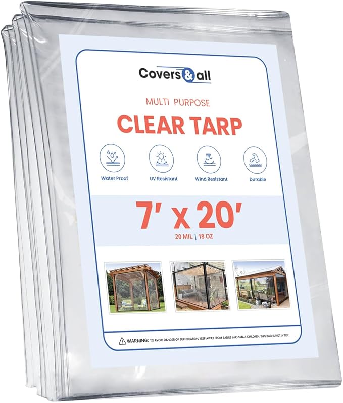 Covers & all Clear Tarp Heavy Duty Waterproof, 20mil Clear Tarp with Grommets, Outdoor Tarp for Patio Covers, Porch Screens, Greenhouses, Chicken Coop (7' H x 20' W Feet), Indoor or Outdoor Use