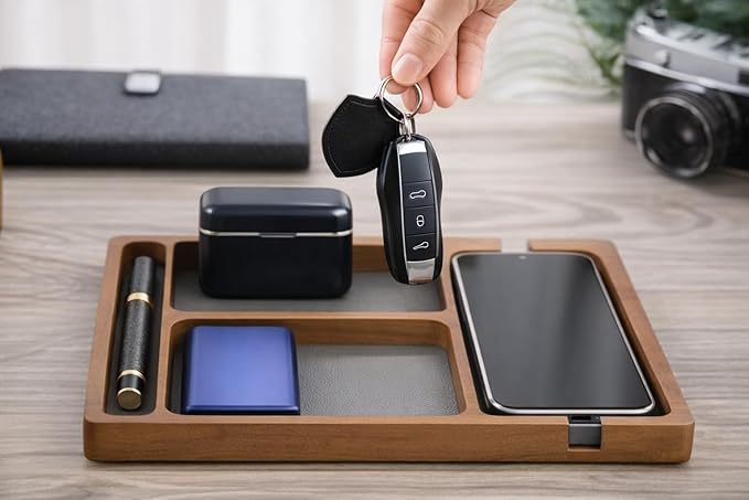 Shinpuru Wooden Valet Tray for Men, Nightstand Organizer with Leather Inlay, EDC Essentials Catchall Tray for Keys, Phone, Wallet, Watch, Earbuds - Bedside Desk Entryway Tray (Wood-Pen)