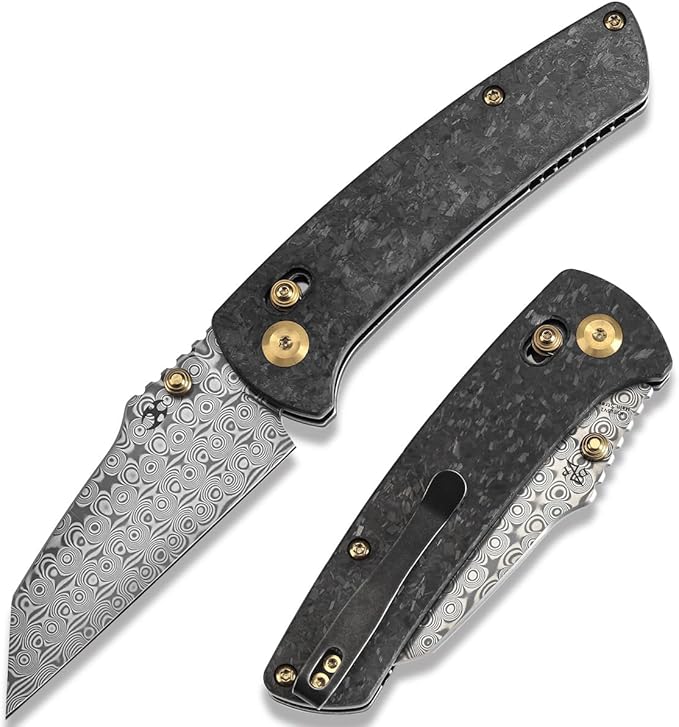 KANSEPT Elite Main Street Pocket Knife, 3.36''Damascus Sharp Tanto Blade, Shred Carbon Fiber Handle with Axis Lock and Thumb Stud,Perfect Clip for EDC, Men Gift Camping Survival Folding knives K1015V1