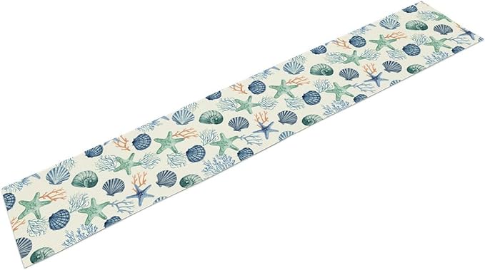 Nautical Table Runner, Summer Coastal Starfish Seashells Coral Tropical Ocean Beach Blue Farmhouse Coffee Table Center Decor for Home Kitchen Dining Patio Indoor Outdoor Table Decorations, 13"x108"