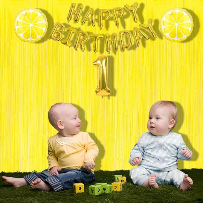 BRAVESHINE Foil Fringe Curtain Backdrop - 2 Pack Yellow Tinsel Photo Booth Backdrop Party Streamers for Easter, Birthdays, Christmas, Lemon, Pineapples, Kids' Party Decorations