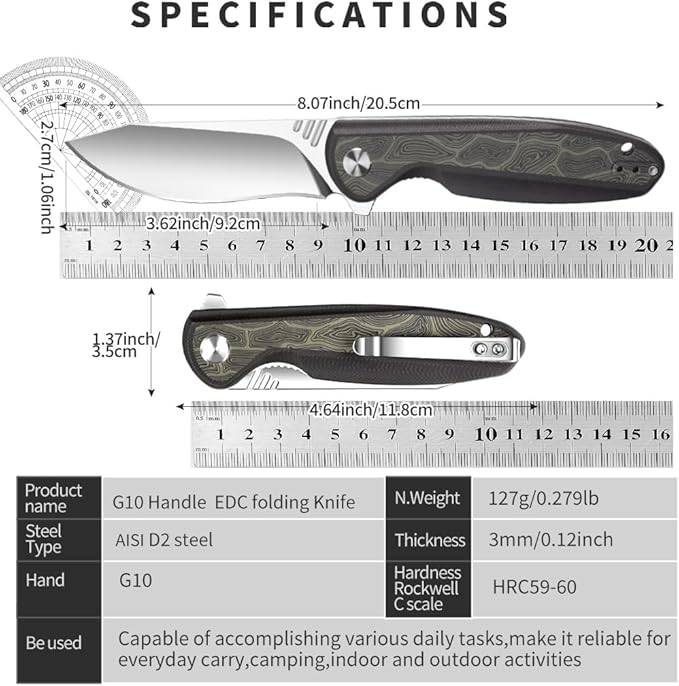 ioko Folding knife D2 blade material, G10 two-color handle, suitable for men and women outdoor camping carrying knife, sharp and durable blade, with pocket clip (argent)