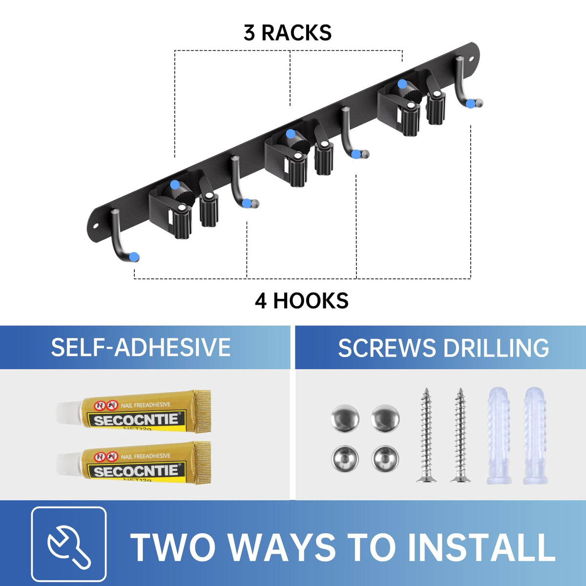 2 Pack Mop Broom Holder Wall Mount 3 Racks 4 Hooks Storage Black (2 Count)